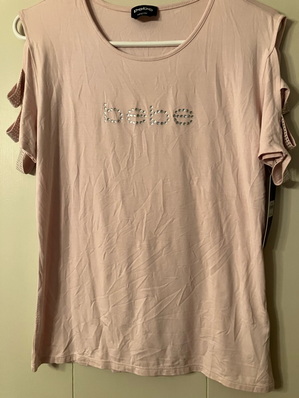 bebe Light Pink Crystal Logo Cold-Shoulder Tee
